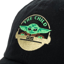 Load image into Gallery viewer, Embroidered front art of Grogu (baby yoda) with text that reads "the child"