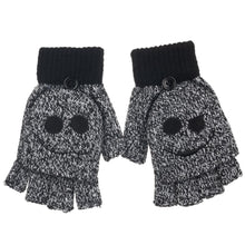 Load image into Gallery viewer, Black and white speckled fingerless gloves with Jack Skellington faces embroidered on, and glove has finger covers that button or unbutton to cover fingers.