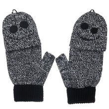 Load image into Gallery viewer, Black and white speckled fingerless gloves with Jack Skellington faces embroidered on, and glove has finger covers that button or unbutton to cover fingers.