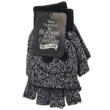 Load image into Gallery viewer, Black and white speckled fingerless gloves with Jack Skellington faces embroidered on, and glove has finger covers that button or unbutton to cover fingers.