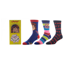 Load image into Gallery viewer, mannequin displaying three different kinds of chucky socks. from left to right: full body chucky mid calf crew sock, wanna play? striped mid calf crew sock, all black with red chucky logo mid calf crew socks