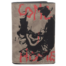Load image into Gallery viewer, back of IT Pennywise wallet with pennywise the clown picture and text that reads "come home"
