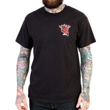 Load image into Gallery viewer, front of Black Lucky 13 t-shirt with a full back print of the "Grease, Gas & Glory" Devil Head design, and a front left chest print.