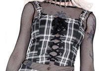 Load image into Gallery viewer, front of Classic black and white plaid top has lacing up the front and buckle shoulder strap details and zips up the back.