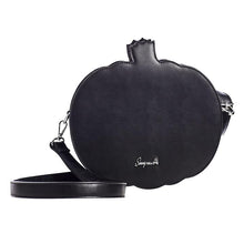 Load image into Gallery viewer, Matte black vinyl jack o lantern purse with sparkly glitter vinyl stitched details. Purse has adjustable strap, zip closure, leopard print satin lining and a zippered pocket on the inside. Can be worn as a cross body bag, or on the shoulder.