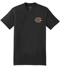 Load image into Gallery viewer, front of Black Lucky 13 t-shirt with a full back screen print of the "Piston Pin-Up" girl graphic and a front left chest print to match.