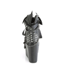 Load image into Gallery viewer, back view of 5" wedge platform Wedge ankle bootie style boot Features wrap around studded & spike straps Bat buckle detail Chain with various hanging charms Batwing detail up the back Inside metal zip closure.