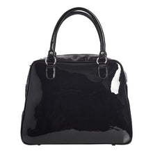 Load image into Gallery viewer, Glossy black vinyl and purple stitched spider webbing, along with contrast purple glitter panel with backseat stitching. Generously sized and can double as an overnight bag, complete with satin leopard liner and signature metal Sourpuss emblem and reinforced studded handles.
