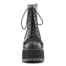 Load image into Gallery viewer, front view of Black vegan leather 3 3/4" heel, 2 1/4" platform lace-Up front ankle boot with criss-cross D-ring lace on vamp and spikes detail. Inside zip closure.