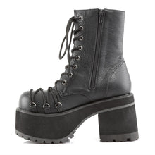 Load image into Gallery viewer, inner view of Black vegan leather 3 3/4" heel, 2 1/4" platform lace-Up front ankle boot with criss-cross D-ring lace on vamp and spikes detail. Inside zip closure.