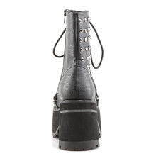 Load image into Gallery viewer, back view of Black vegan leather 3 3/4" heel, 2 1/4" platform lace-Up front ankle boot with criss-cross D-ring lace on vamp and spikes detail. Inside zip closure.