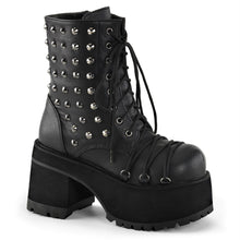 Load image into Gallery viewer, outer view of Black vegan leather 3 3/4" heel, 2 1/4" platform lace-Up front ankle boot with criss-cross D-ring lace on vamp and spikes detail. Inside zip closure.