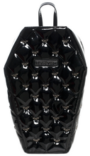 Load image into Gallery viewer, front of Black vegan vinyl coffin shaped backpack. Backpack has quilted pattern, with small silver bat studs all over backpack. Backpack has top zipper closure, two adjustable straps on the back, and black and white spiderweb liner,