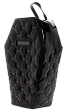 Load image into Gallery viewer, front of Black vegan vinyl coffin shaped backpack. Backpack has quilted pattern, with small silver bat studs all over backpack. Backpack has top zipper closure, two adjustable straps on the back, and black and white spiderweb liner,