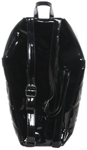Load image into Gallery viewer, back of Black vegan vinyl coffin shaped backpack. Backpack has quilted pattern, with small silver bat studs all over backpack. Backpack has top zipper closure, two adjustable straps on the back, and black and white spiderweb liner,