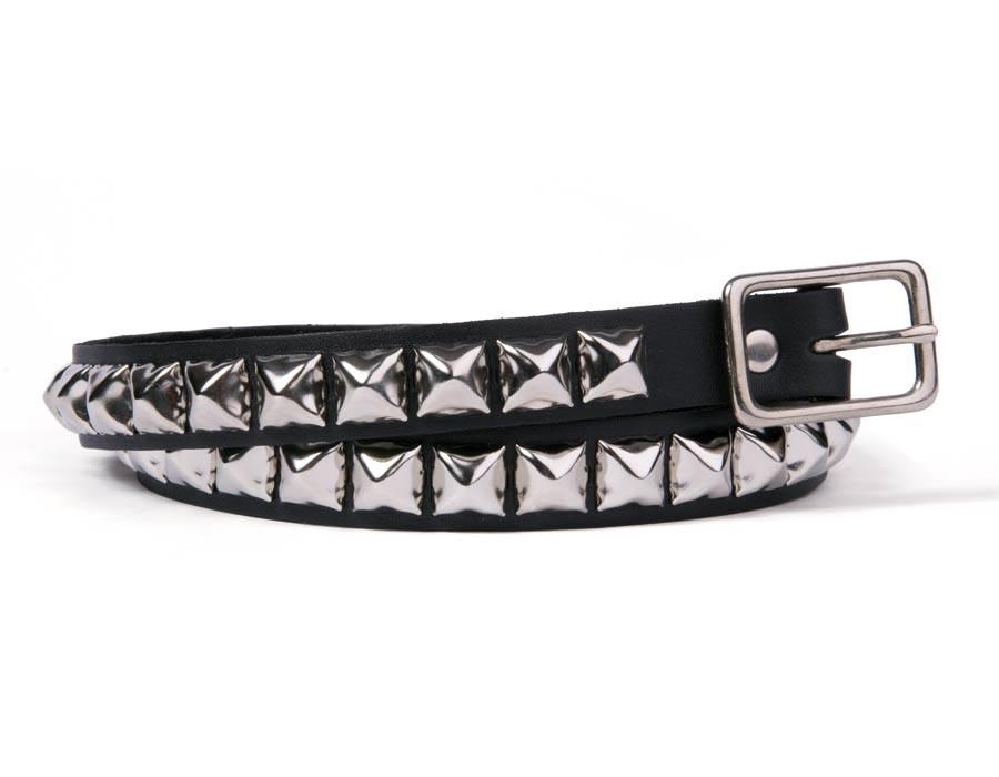Black Leather Belt - 3 Row Nickel Pyramid Studs & Chains
