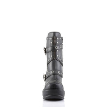 Load image into Gallery viewer, front view of black Vegan leather 3.5" chromed heel 1.5" molded platform Multi strap studded ankle boot With full inner side zipper