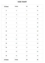 Load image into Gallery viewer, demonia shoe size chart, from right to left, Women&#39;s US size, men&#39;s US size, UK sizes and EU sizes
