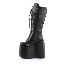 Load image into Gallery viewer, inner side view of 7" platform Full lace-up front, no zipper Knee high boot Features moto jacket inspired stitching and ornamental zipper details