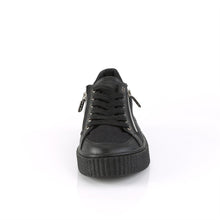 Load image into Gallery viewer, front view of 1.5" platform rubber sole Low top round toe lace-up front creeper sneaker Features ornamental silver metal zippers on sides w/ razor blade zipper heads