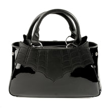 Load image into Gallery viewer, back view of Glossy black purse with silver lock detail on front center. The shell is comprised of glossy black faux leather, with matte leather stitched spiderweb details near the top. Zip closure, inner pockets and little metal feet.