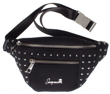 Load image into Gallery viewer, front view of Black canvas fanny pack features a durable canvas body accented by stud detailing. Zip closure, with interior and exterior zippered pockets, and an adjustable nylon strap with metal buckle. Fanny pack has additional front zipper pocket, and additional back zipper pocket.