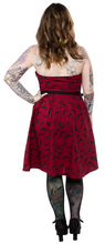 Load image into Gallery viewer, back view of Red spaghetti straps above the knee dress with black bat sihouette repeat pattern all over with attached adjustable black belt.
