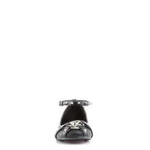 Load image into Gallery viewer, front view of black Vegan leather Ankle strap flat Features studded straps and pentagram ornament on vamp with buckle & spikes detail