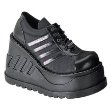 Load image into Gallery viewer, outer side view of black vegan leather 4 3/4" platform wedge Lace-up front