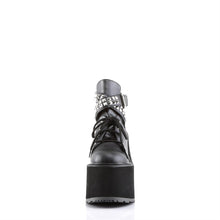 Load image into Gallery viewer, front view of black vegan leather 5.5" wedge platform Mary Jane style Lace-up front Wrap around style studded adjustable strap around ankle