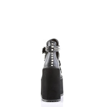 Load image into Gallery viewer, back view of black vegan leather 5.5" wedge platform Mary Jane style Lace-up front Wrap around style studded adjustable strap around ankle