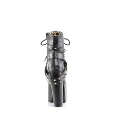 Load image into Gallery viewer, back side view of black vegan leather 5 1/2" heel 3" platform Lace-up front Ankle boot Features wrap around buckled straps with spikes & eyelets and heart O-ring on vamp with Inside zip closure