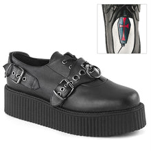 Load image into Gallery viewer, right side view of black vegan leather 2 inch platform creeper with O ring design on the front and adjustable straps on both sides of front of shoe, with hidden lace up underneath and bat ring adjustable strap on outside of shoe. has secret hidden coffin shaped compartment underneath sole cover inside shoe