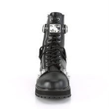Load image into Gallery viewer, front side view of black vegan leather 1 1/2" platform Lace-up front Features adjustable top strap Silver chrome plated spiked plates at inner & outer sides & at center Outside & back metal zip closure