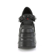 Load image into Gallery viewer, front side view of black leather 6" wedge platform  Mary Jane style Features elastic instep strap with hook & loop strap W/ cone spike stud & D-ring details