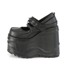 Load image into Gallery viewer, inner view of black leather 6" wedge platform  Mary Jane style Features elastic instep strap with hook & loop strap W/ cone spike stud & D-ring details