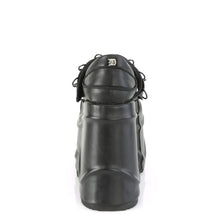 Load image into Gallery viewer, back side view of black leather 6" wedge platform  Mary Jane style Features elastic instep strap with hook & loop strap W/ cone spike stud & D-ring details