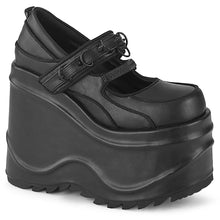Load image into Gallery viewer, right side view of black leather 6" wedge platform  Mary Jane style Features elastic instep strap with hook & loop strap W/ cone spike stud & D-ring details