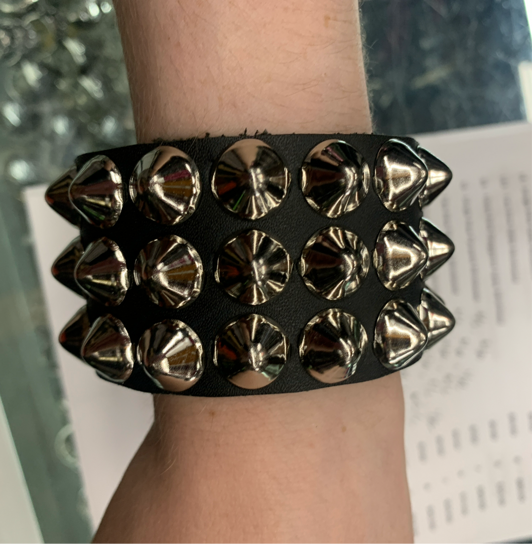 Black Leather Bracelet w/ 3 Rows of Silver Cone Studs