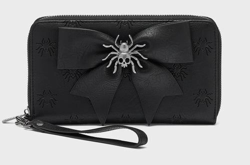 Black wallet with a spider design on a light gray background