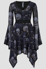 Load image into Gallery viewer, Black and white dress with skull and flower pattern on a white background
