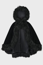 Load image into Gallery viewer, Black hooded cape cloak coat with faux fur trim on a white background

