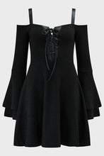 Load image into Gallery viewer, Black off-shoulder dress with lace-up front on a white background

