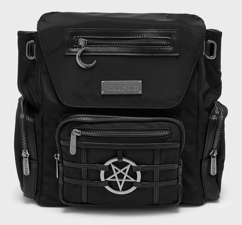 Black backpack with pentagram design on a white background
