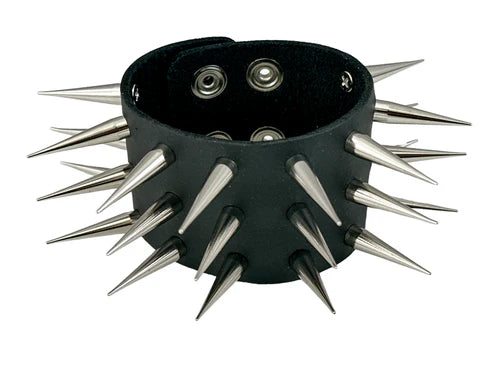 Black Leather Bracelet w/ 3 Rows of Large Silver Pin Spikes (Heavy Weight Bracelet)