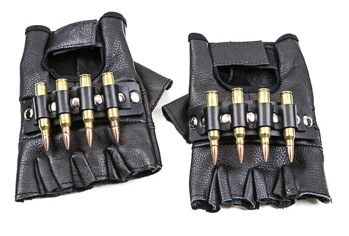 Black Leather Fingerless Gloves w/ Brass Bullets