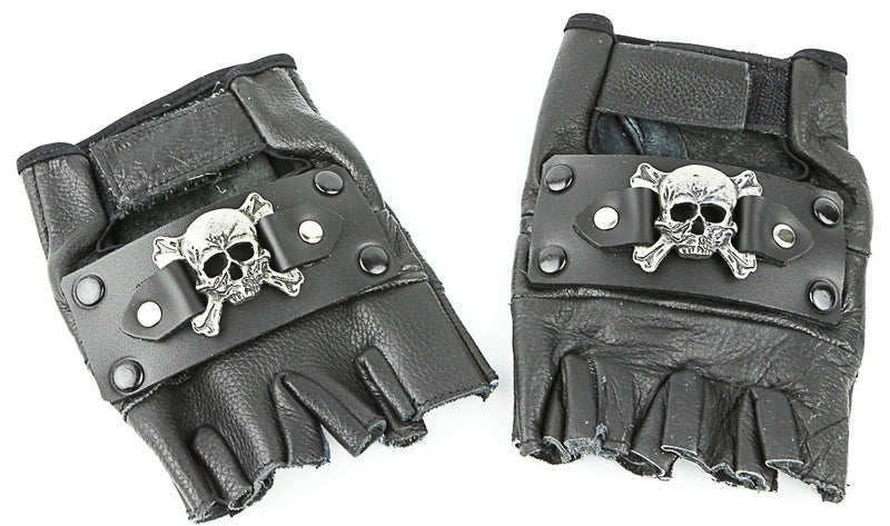 Black Leather Fingerless Glove w/ Silver Skills
