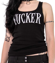 Load image into Gallery viewer, Model wearing a black tank top with &#39;FUCKER&#39; printed on it against a white background
