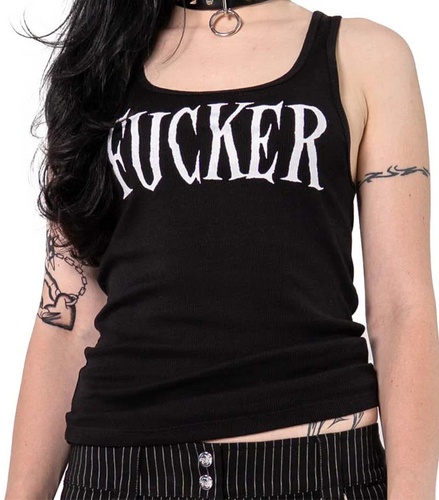 Model wearing a black tank top with 'FUCKER' printed on it against a white background
