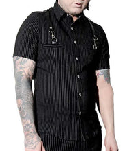 Load image into Gallery viewer, Model wearing a black and white pinstripe tip with tattoos on arms against a white background
